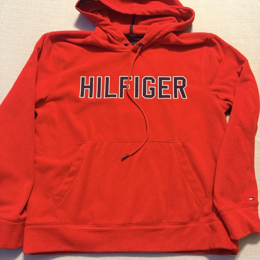 Tommy Hilfiger Mens Large Red Fleece Hoodie Spell Out Logo Pullover